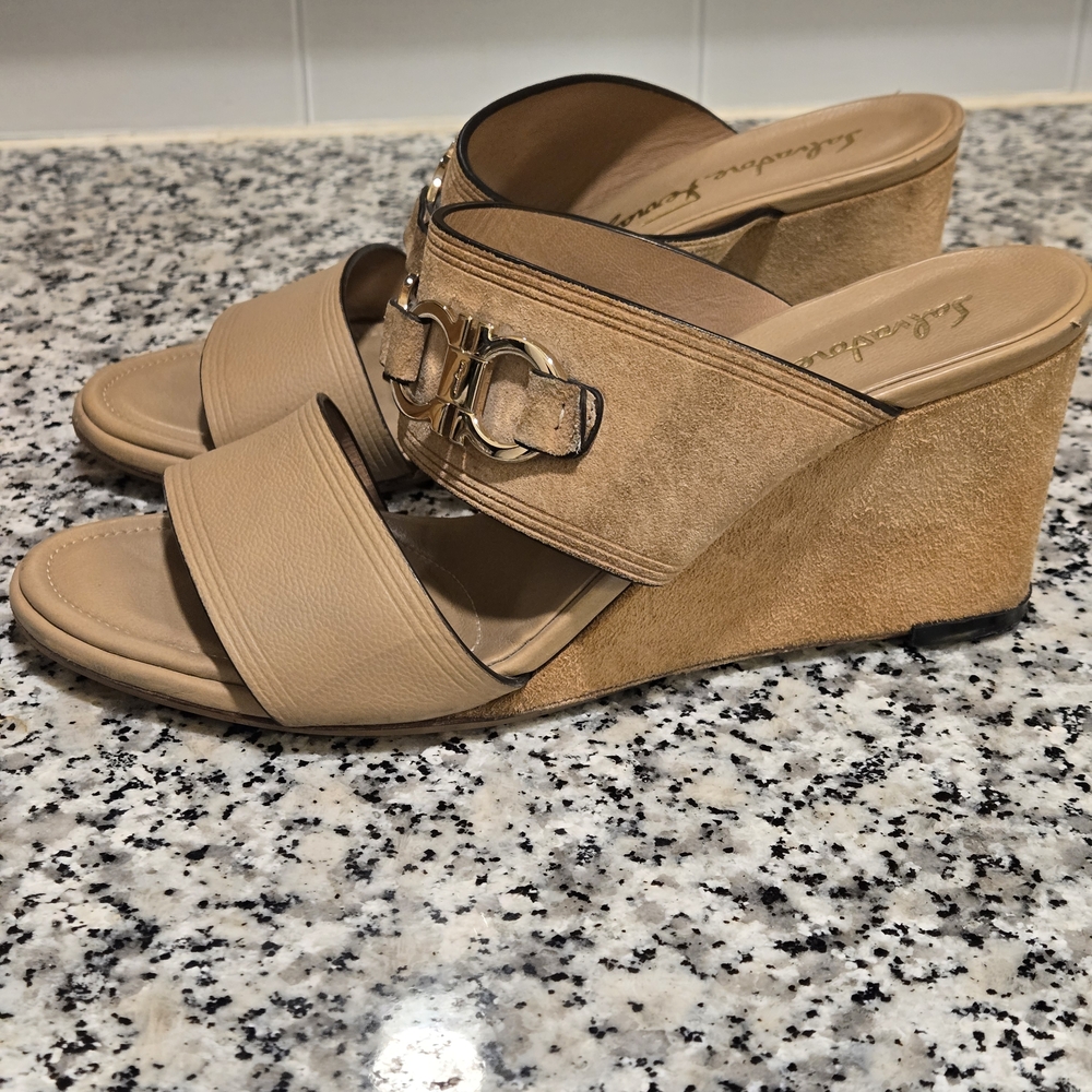 Salvatore Ferragamo Gancini Suede & Leather Slides - Cognac Tan - 8C
